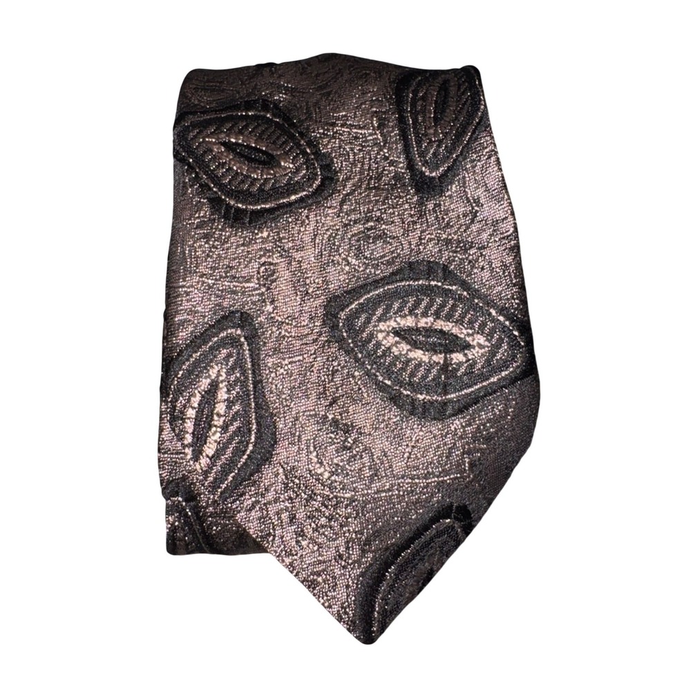 Custom‎ Designed Mens Silver Black Paisley Embroidered Medallion Jacquard Tie